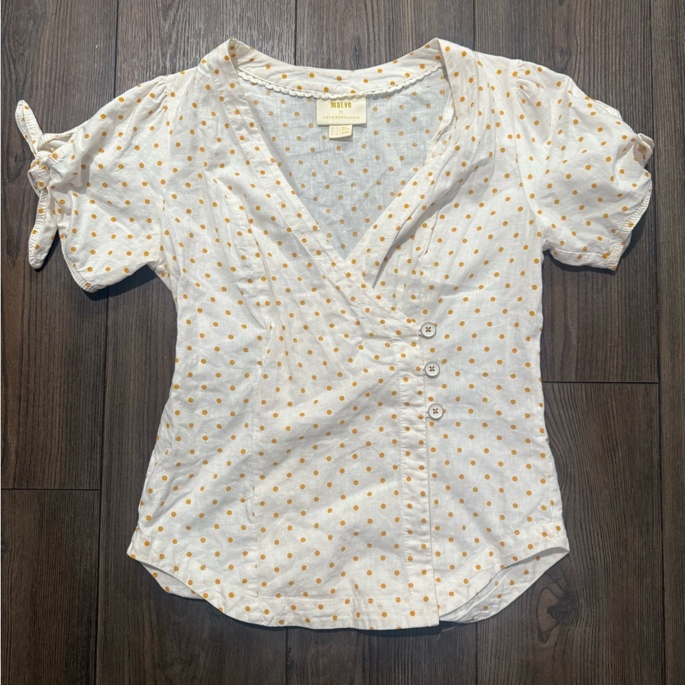 Maeve Anthropologie Linen Blend Polka Dot Wrap Blouse Women’s Size 0